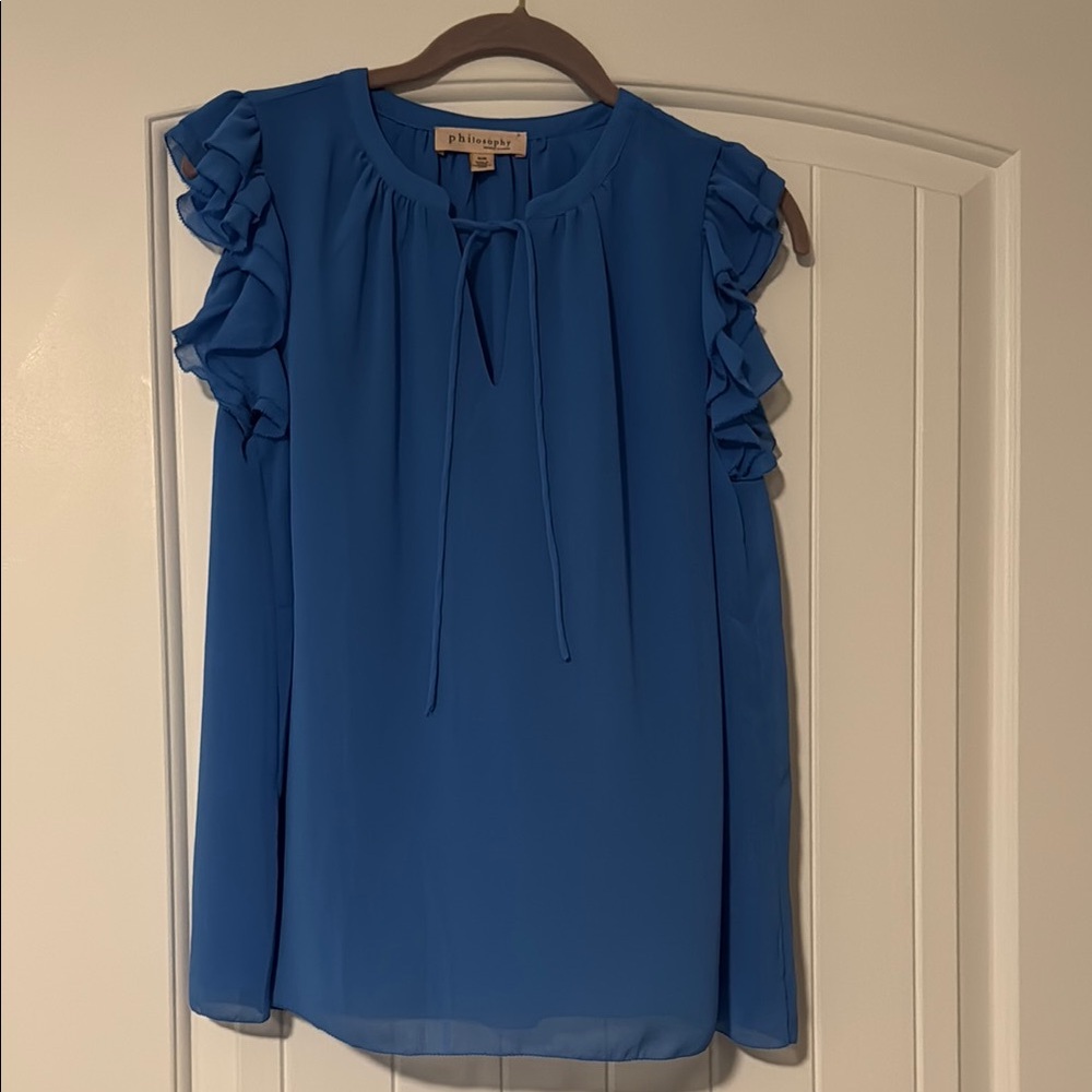 Philosophy Blue Flutter Sleeve Ruffled Blouse